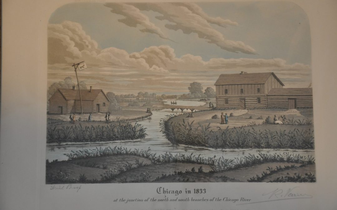 Chicago in 1833 at the junction of the north and south branches of the Chicago River