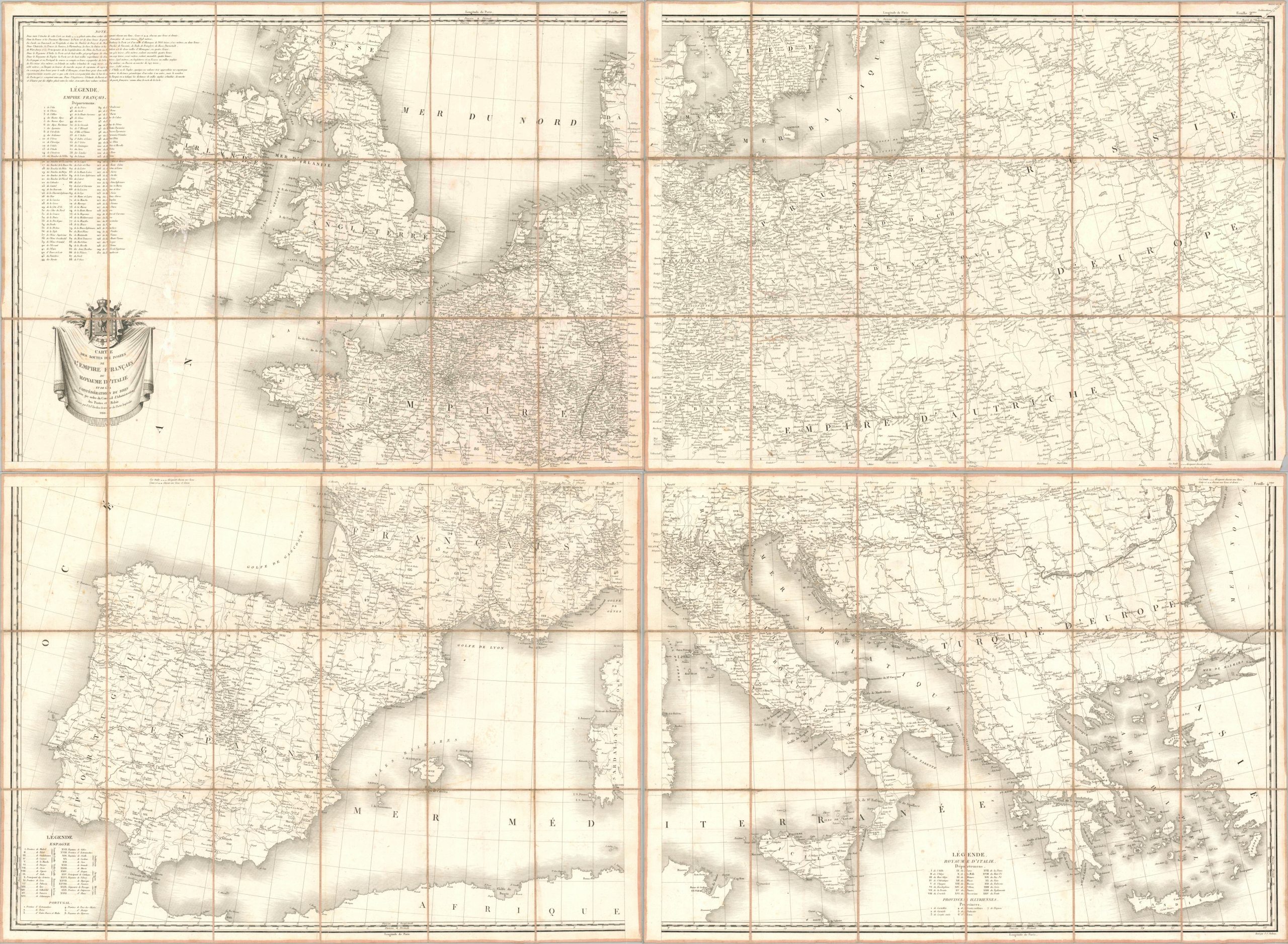 Carte des Routes de Postes de l'Empire Francais du Royaume d'Italie et da la Confederation du Rhin