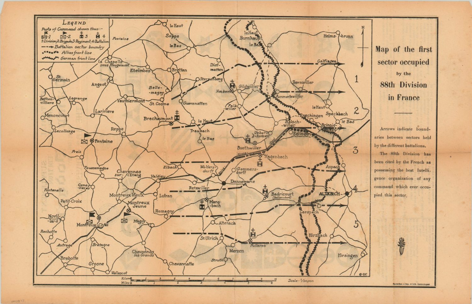 Map of the first sector occupied by the 88th Division in France ...