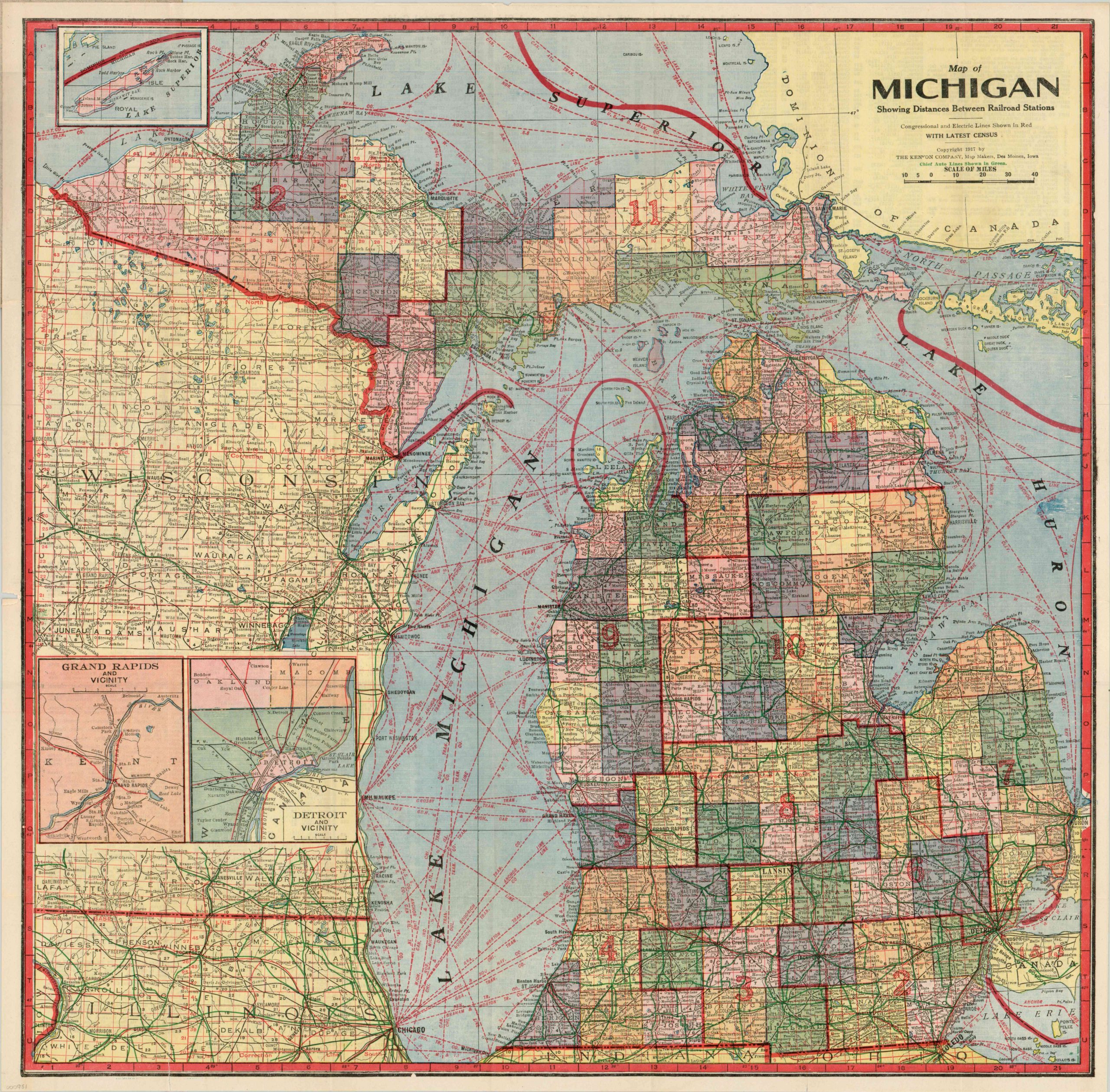 Map of Michigan Showing Distances Between Railroad Stations Curtis