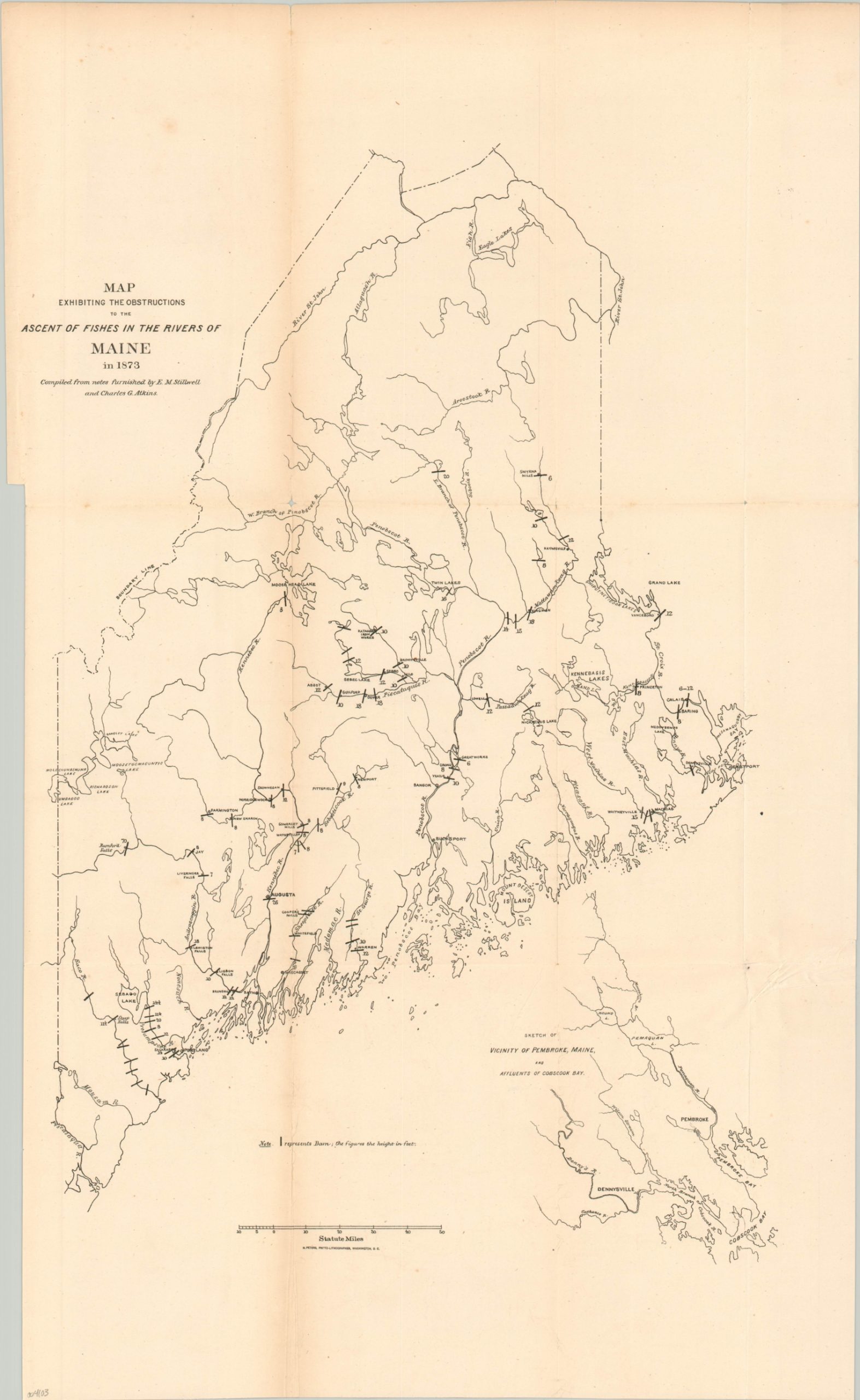 Map Exhibiting The Obstructions to the Ascent of Fishes in the Rivers of Maine in 1873