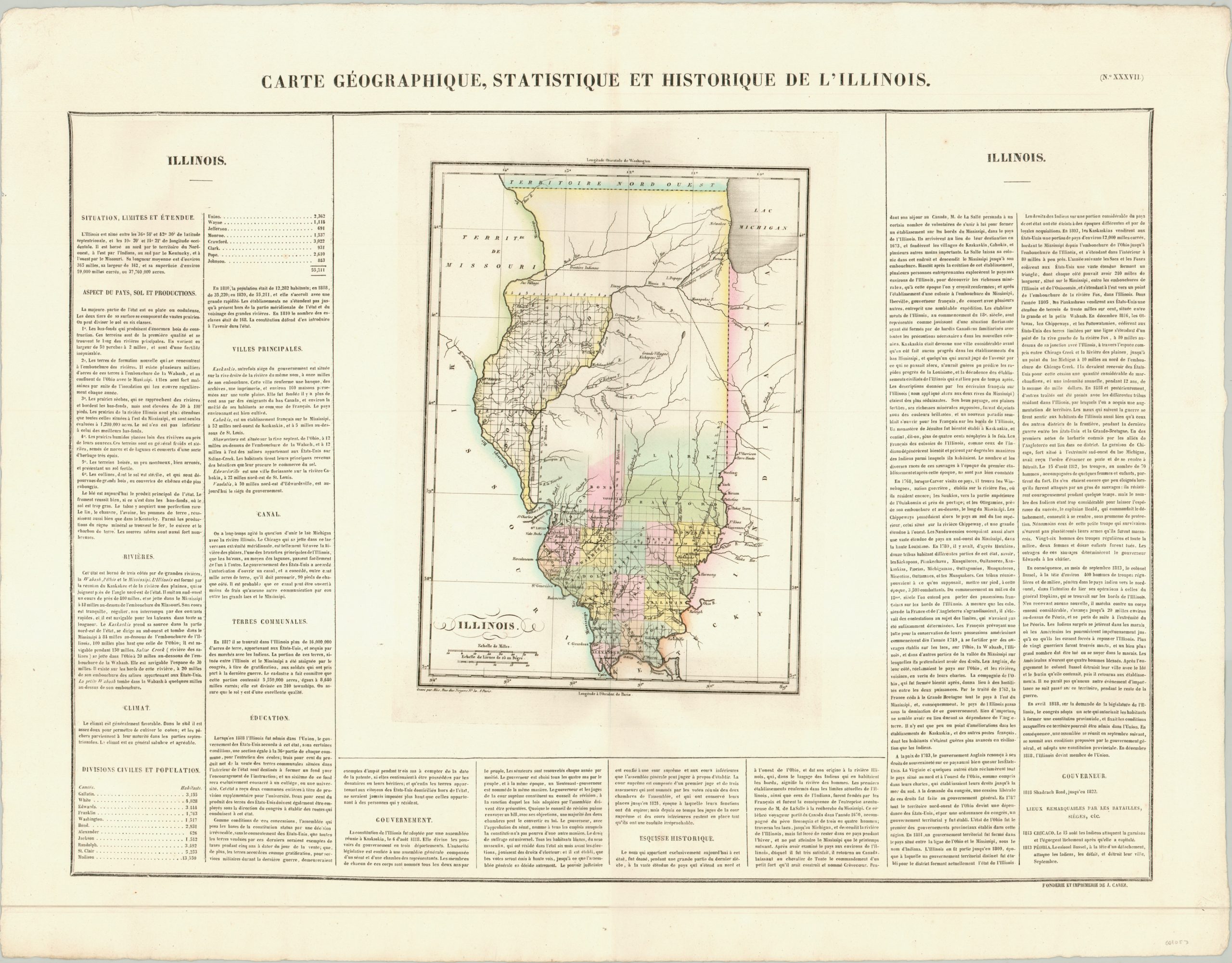 Carte Geographique, Statistique et Historique de L'Illinois
