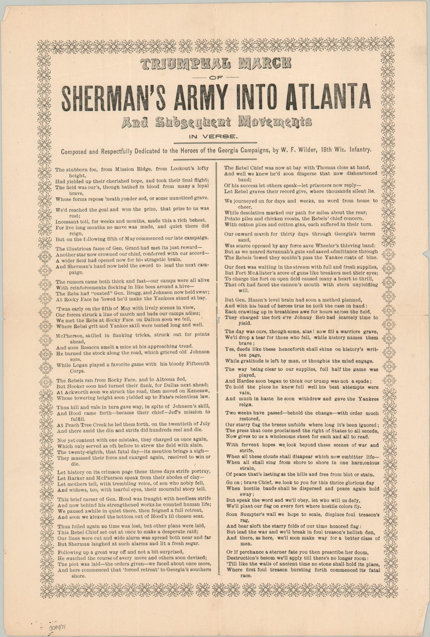 Triumphal March of Sherman's Army Into Atlanta And Subsequent Movements in Verse