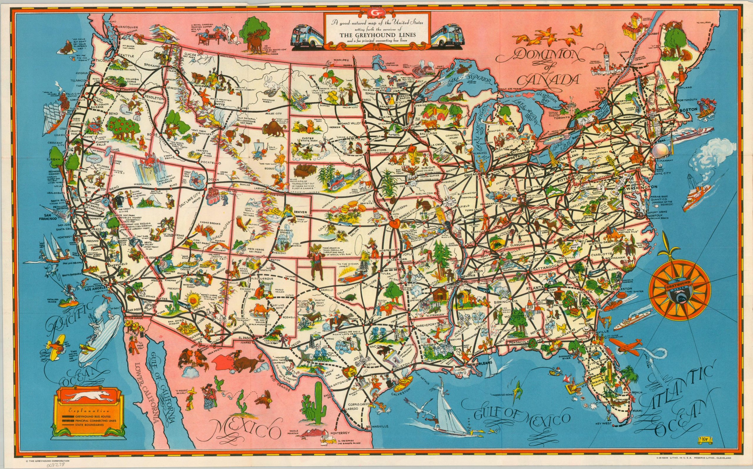 A Good-Natured Map of the United States Setting Forth the Service of The Greyhound Lines