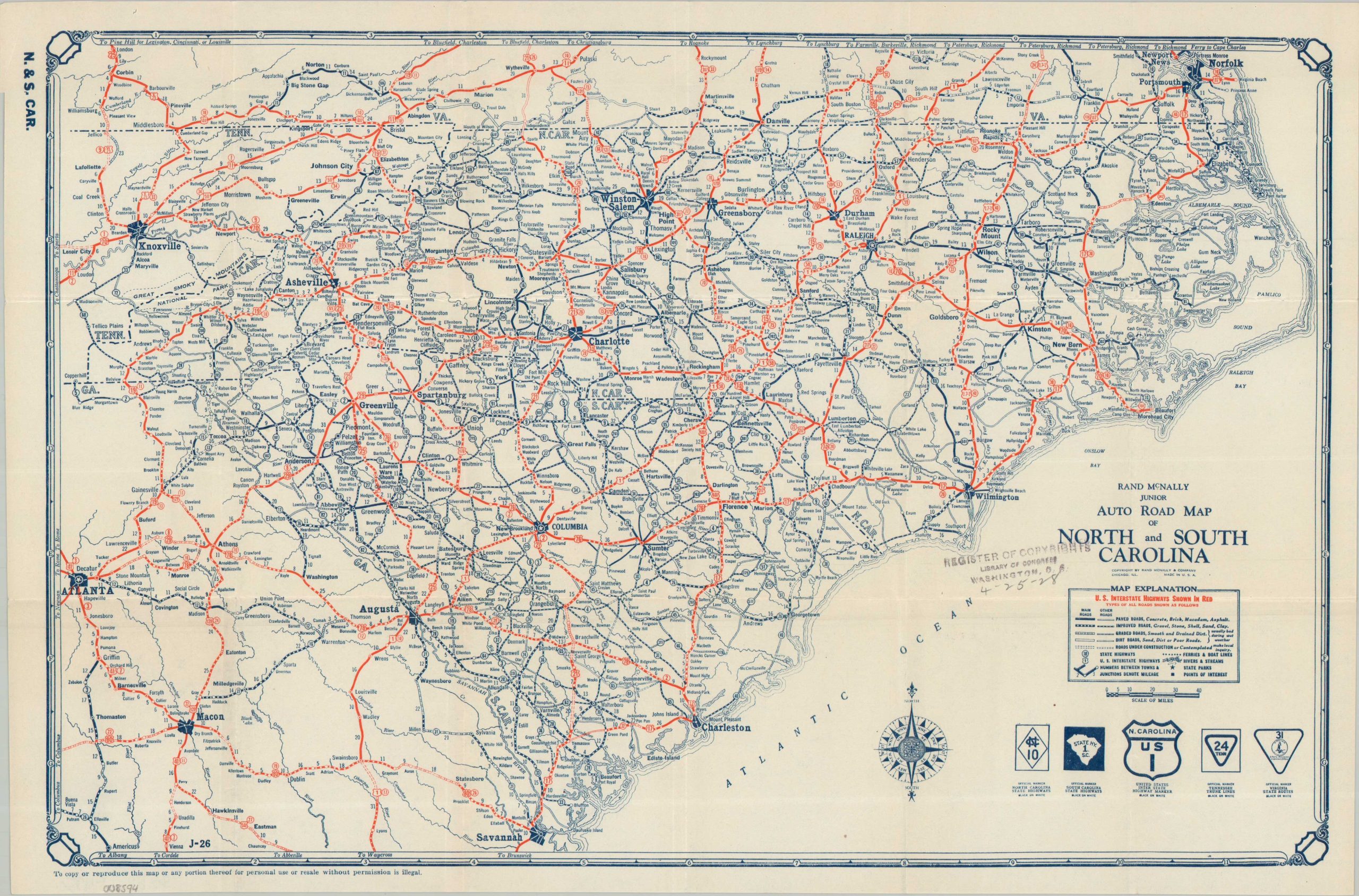 Rand McNally Junior Auto Road Map of North and South Carolina