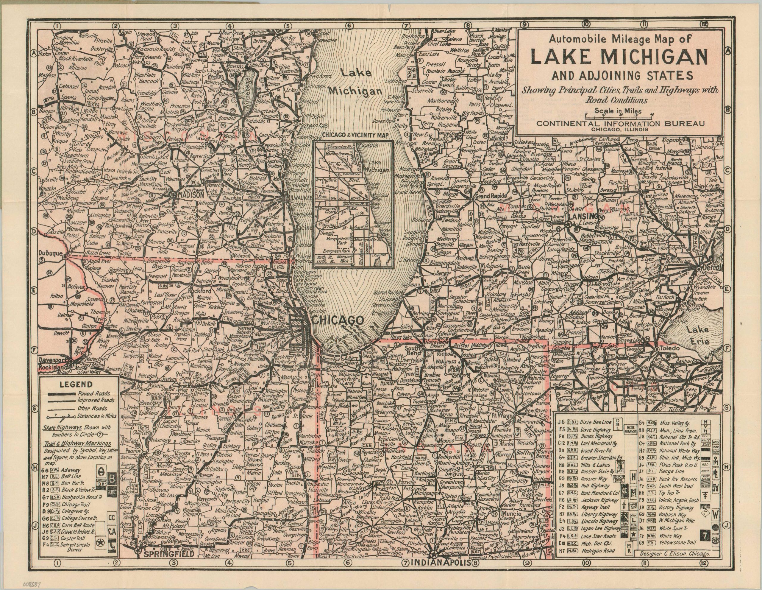 Automobile Mileage Map of Lake Michigan and Adjoining States