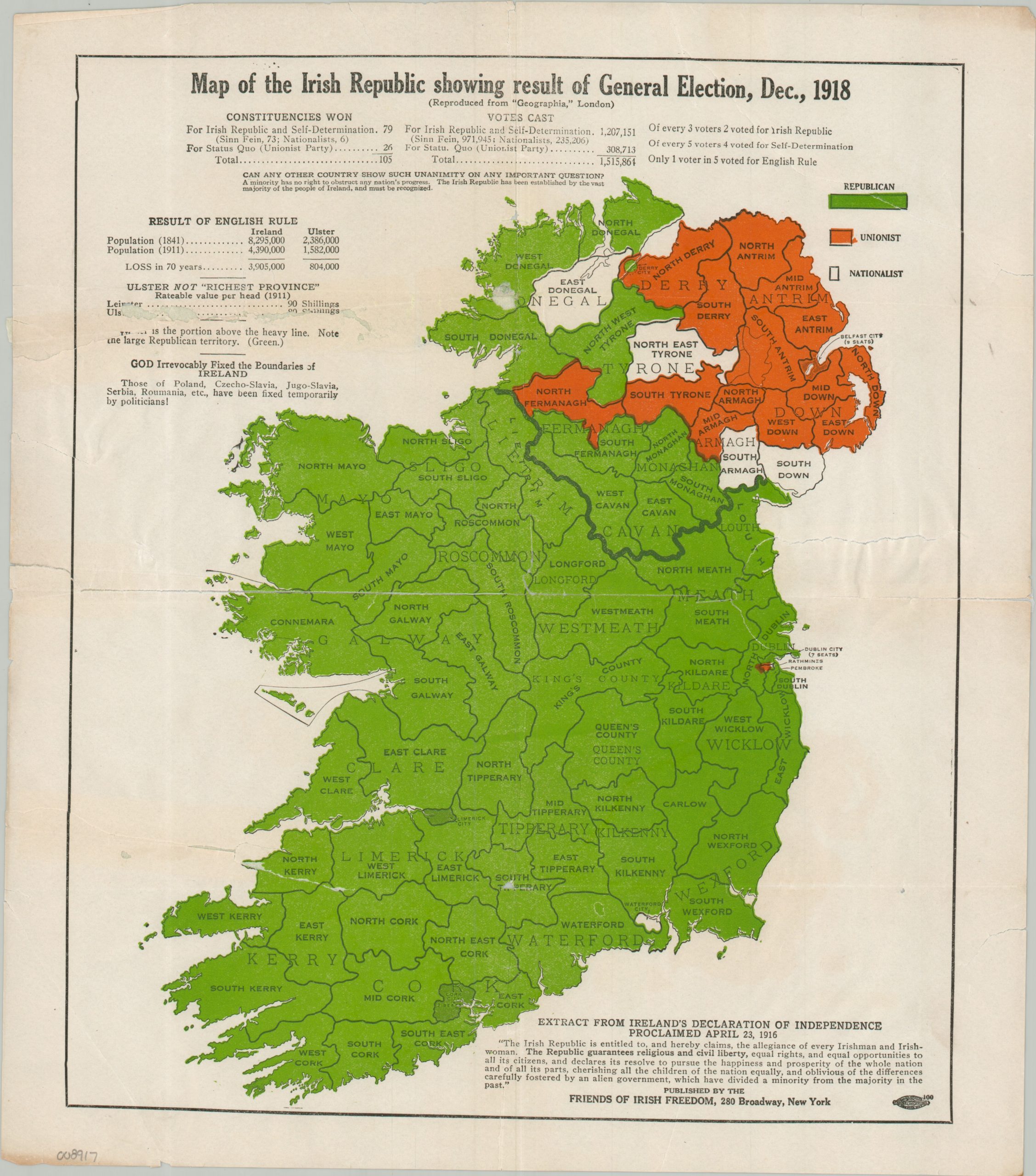 Map of the Irish Republic showing result of General Election, Dec., 1918