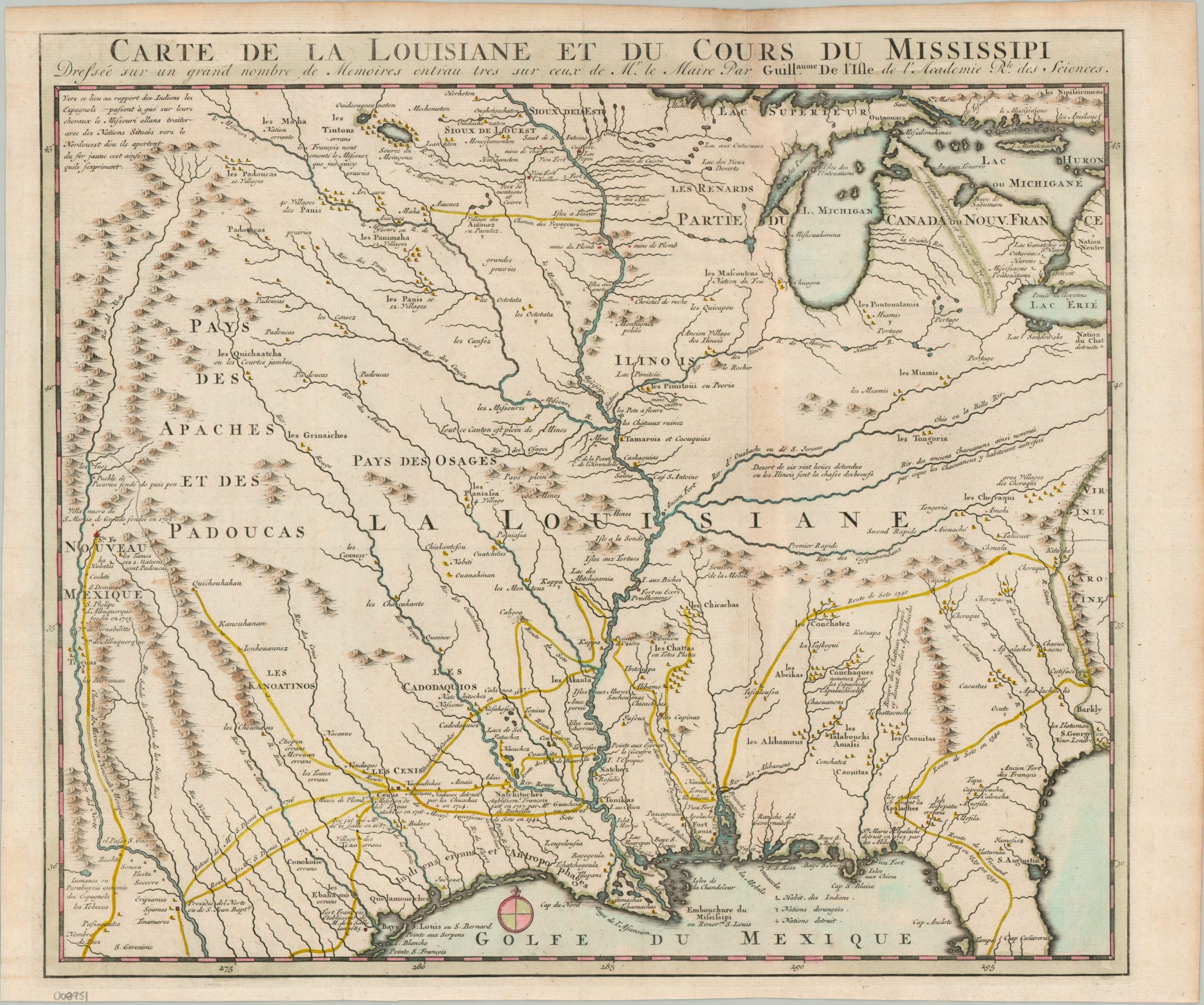 Carte de la Louisiane et du cours du Mississipi dressée sur un grand nombre de mémoires entr'autres sur ceux de Mr. le Maire, par Guillaume De l'Isle