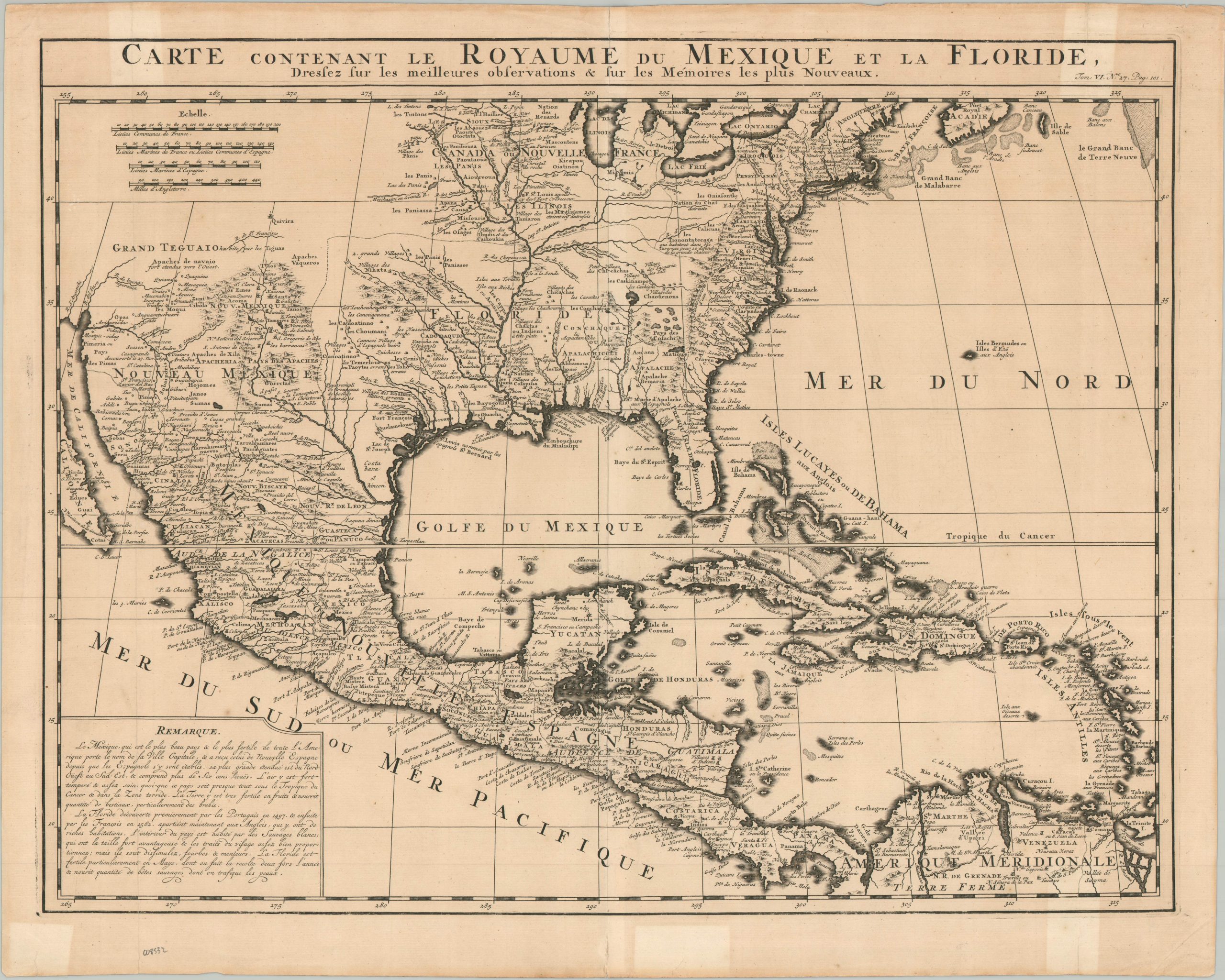 Carte Contenant le Royaume du Mexique et la Floride, Dressez sur les meilleures observations & fur les Memoires les plus Nouveaux