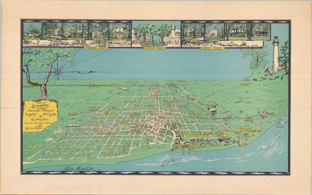 Map of Evanston, Illinois Depicting 3 Periods Indians Pioneers & Present