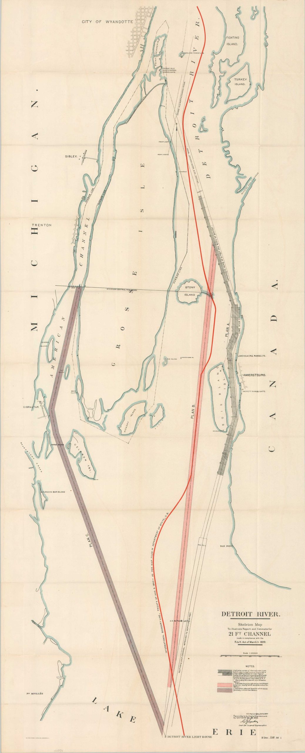 Detroit River Skeleton Map to Illustrate Report and Estimate for 21 Ft. Channel