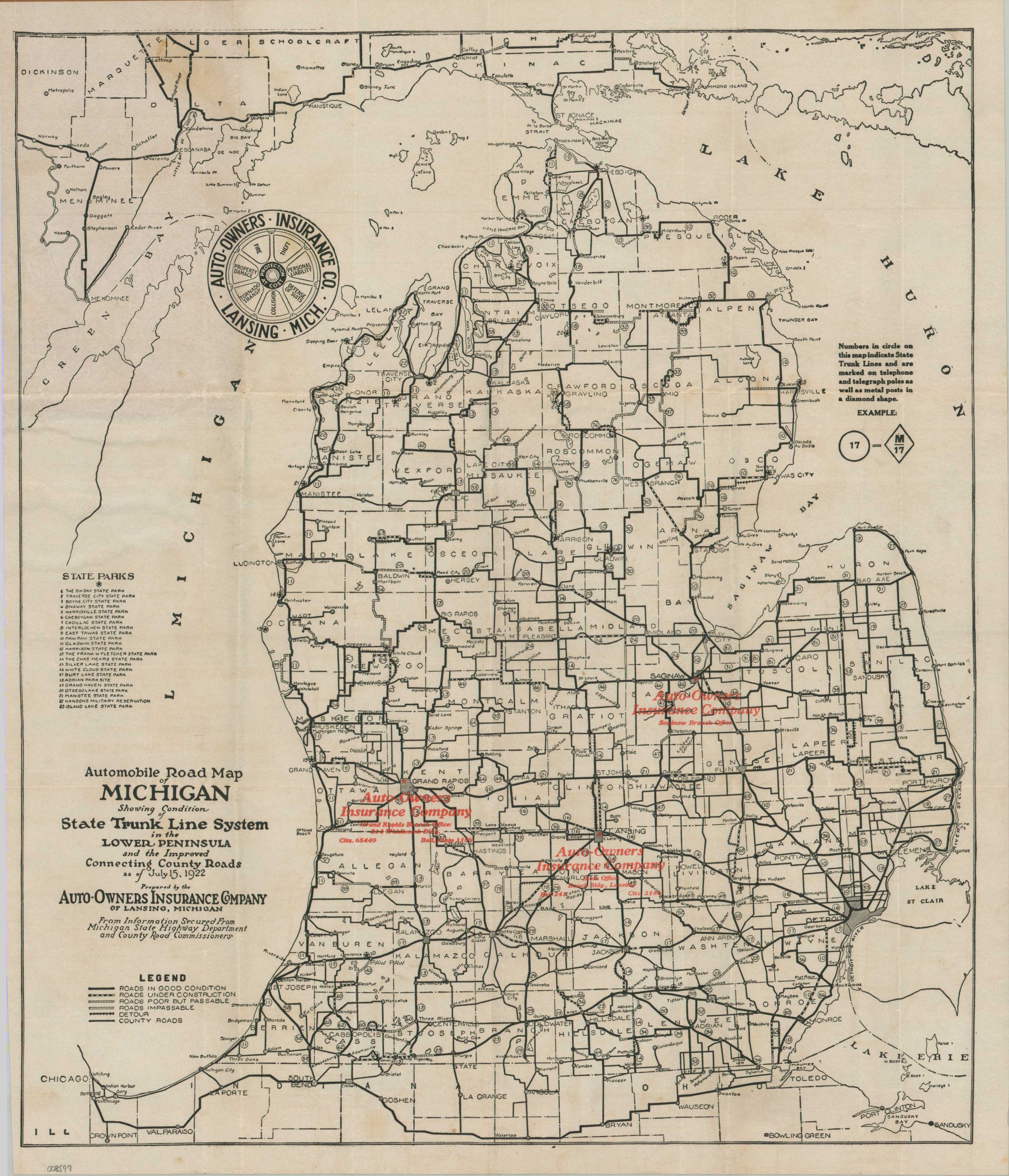 Automobile Road Map of Michigan Showing Condition of State Trunk Line System in the Lower Peninsula and the Improved Connecting County Roads