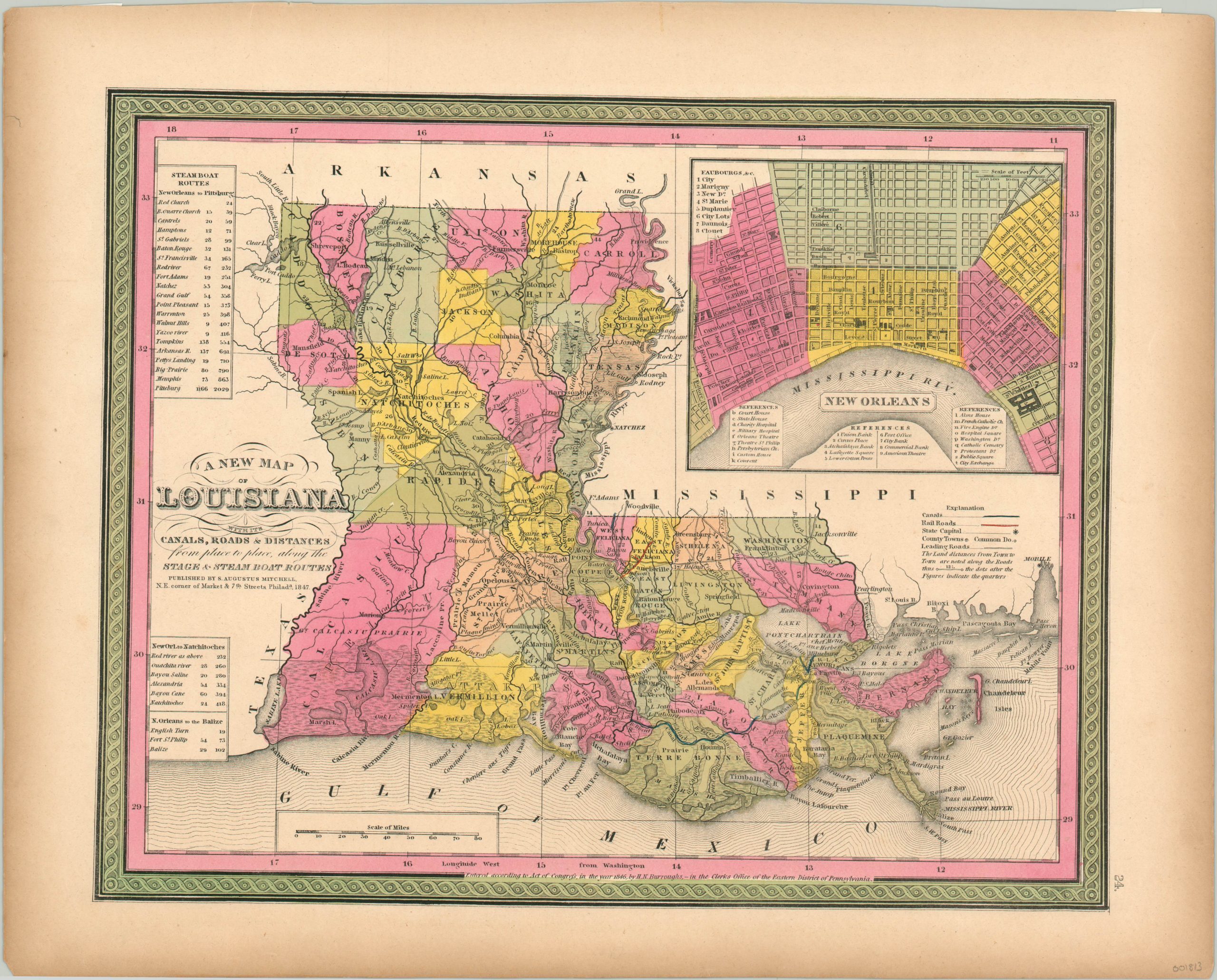 A New Map of Louisiana with its Canals, Roads, and Distances