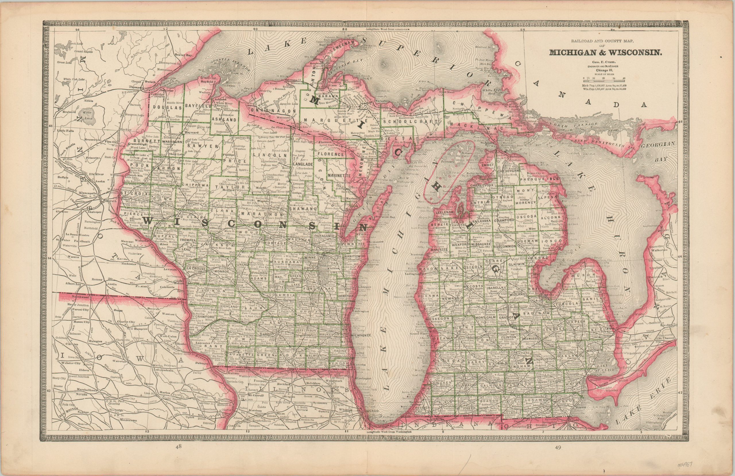 Railroad and County Map of Michigan & Wisconsin