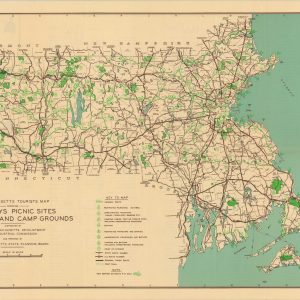 Massachusetts Tourists Map Showing Tourways Picnic Sites Beaches and Camp Grounds