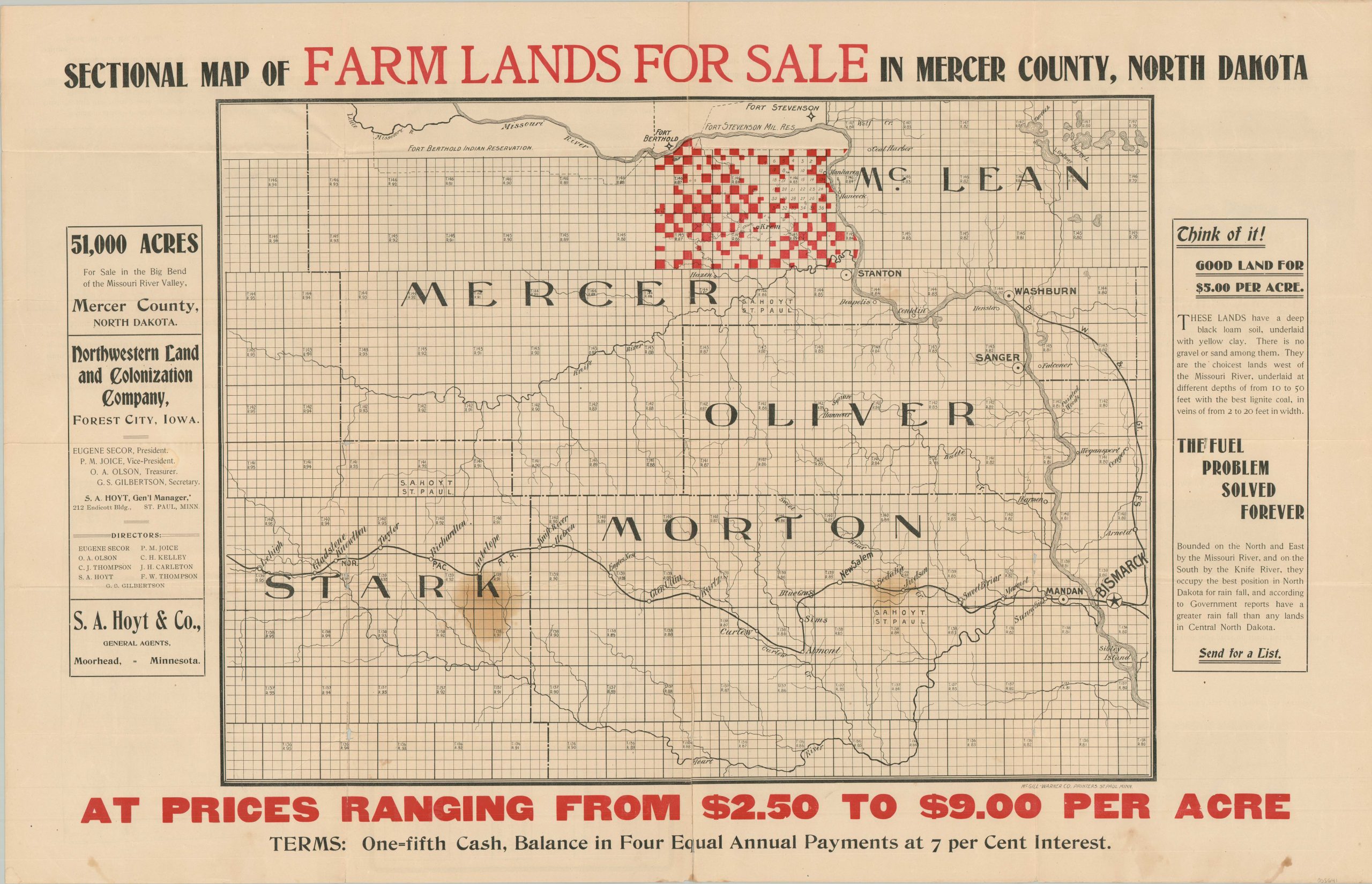 Sectional Map of Farm Lands for Sale in Mercer County, North Dakota