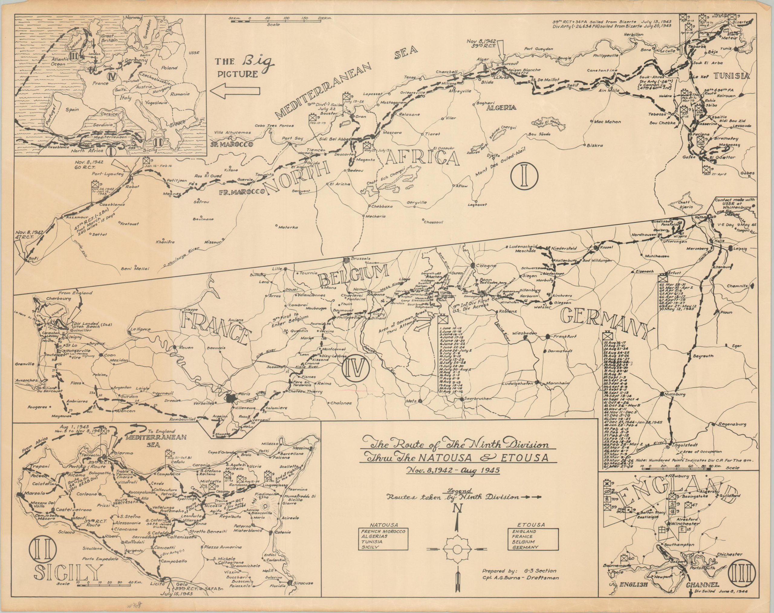 The Route of the Ninth Division Thru the NATOUSA & ETOUSA Nov 8, 1942 - June 1945