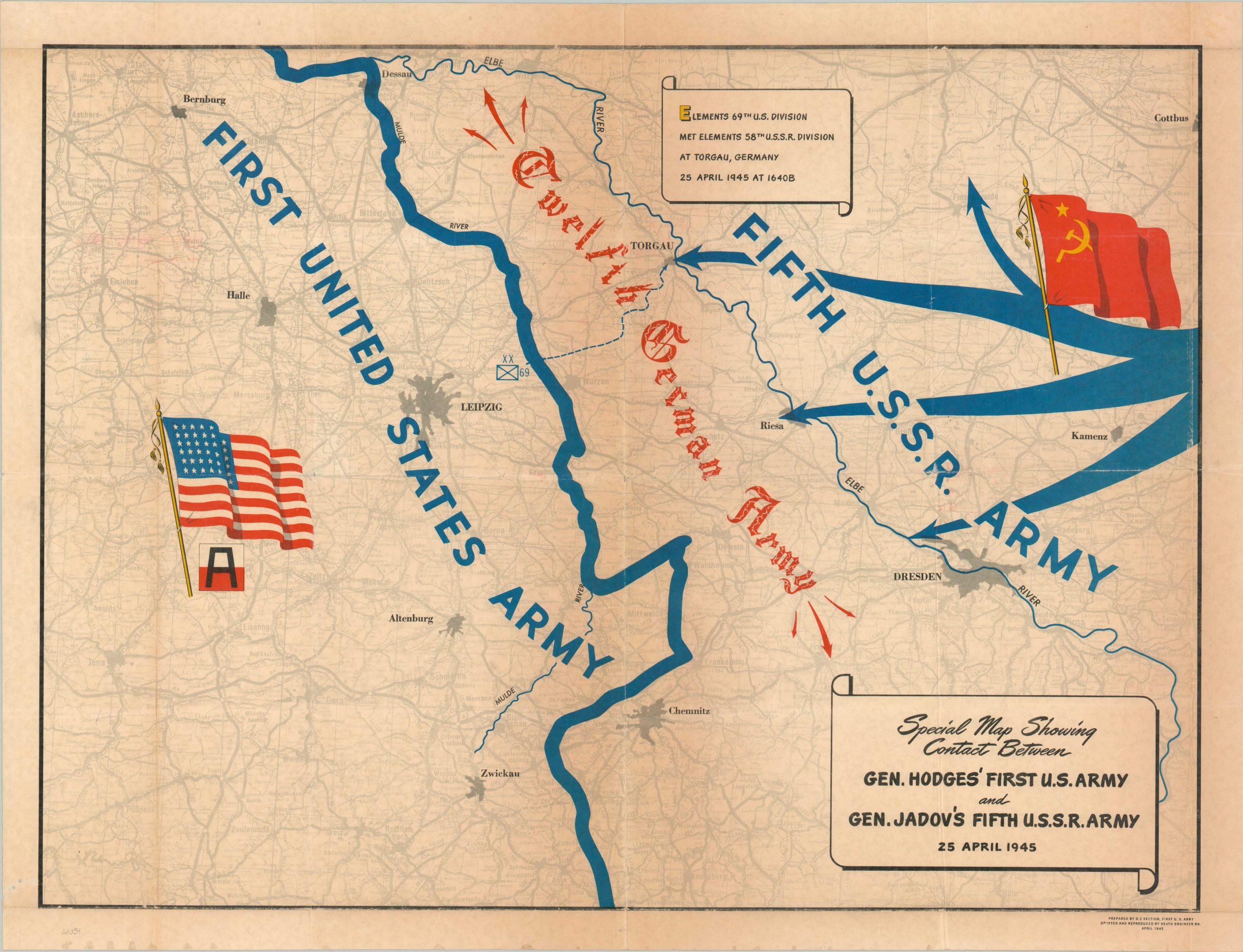 Special Map Showing Contact Between Gen. Hodges' First U.S. Army and Gen. Jadov's Fifth U.S.S.R. Army 25 April 1945