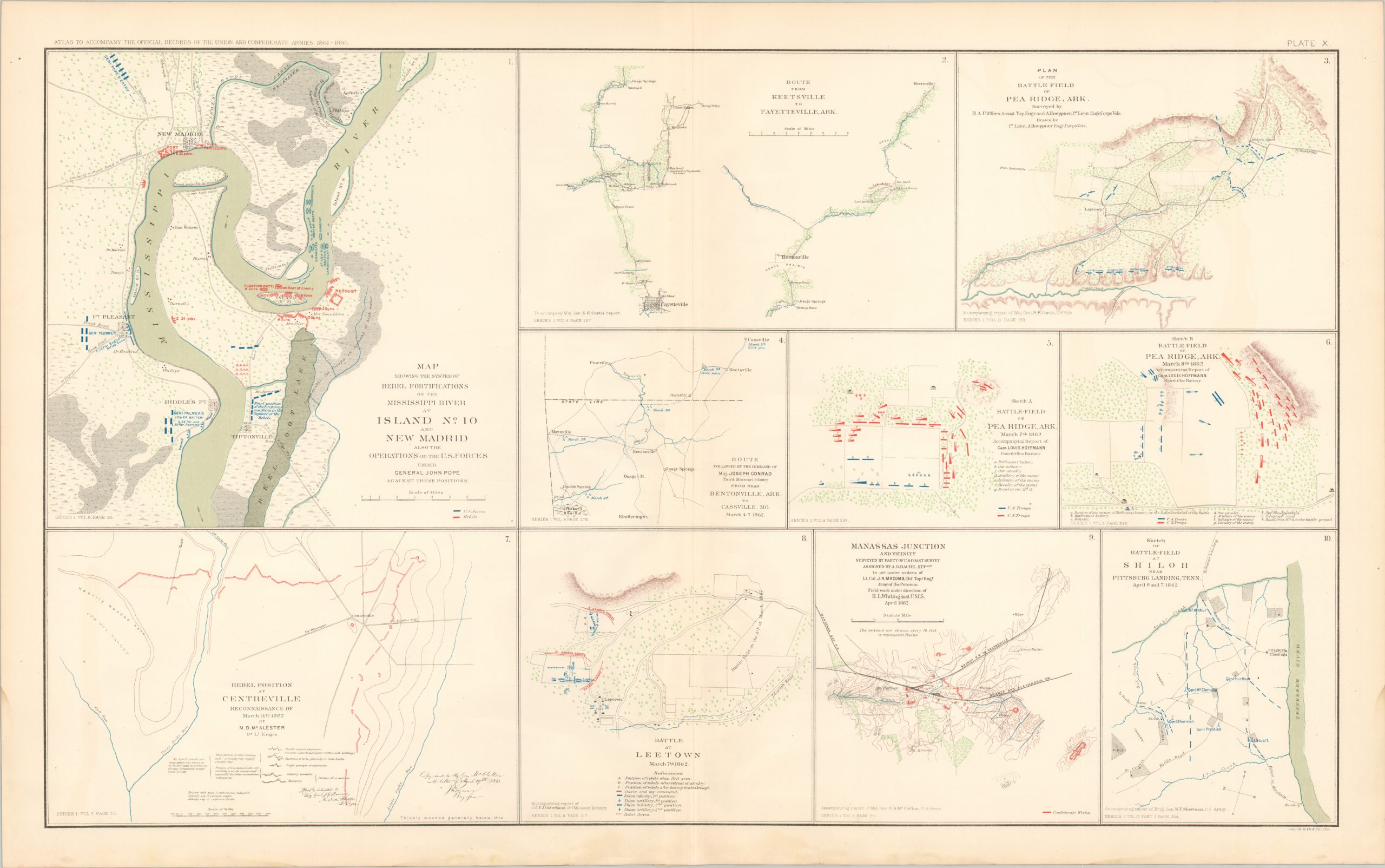 Map Showing the System of Rebel Fortifications on the Mississippi River at Island No. 10; Plan of the Battlefield of Pea Ridge, Arkansas; Sketch of Battlefield at Shiloh;