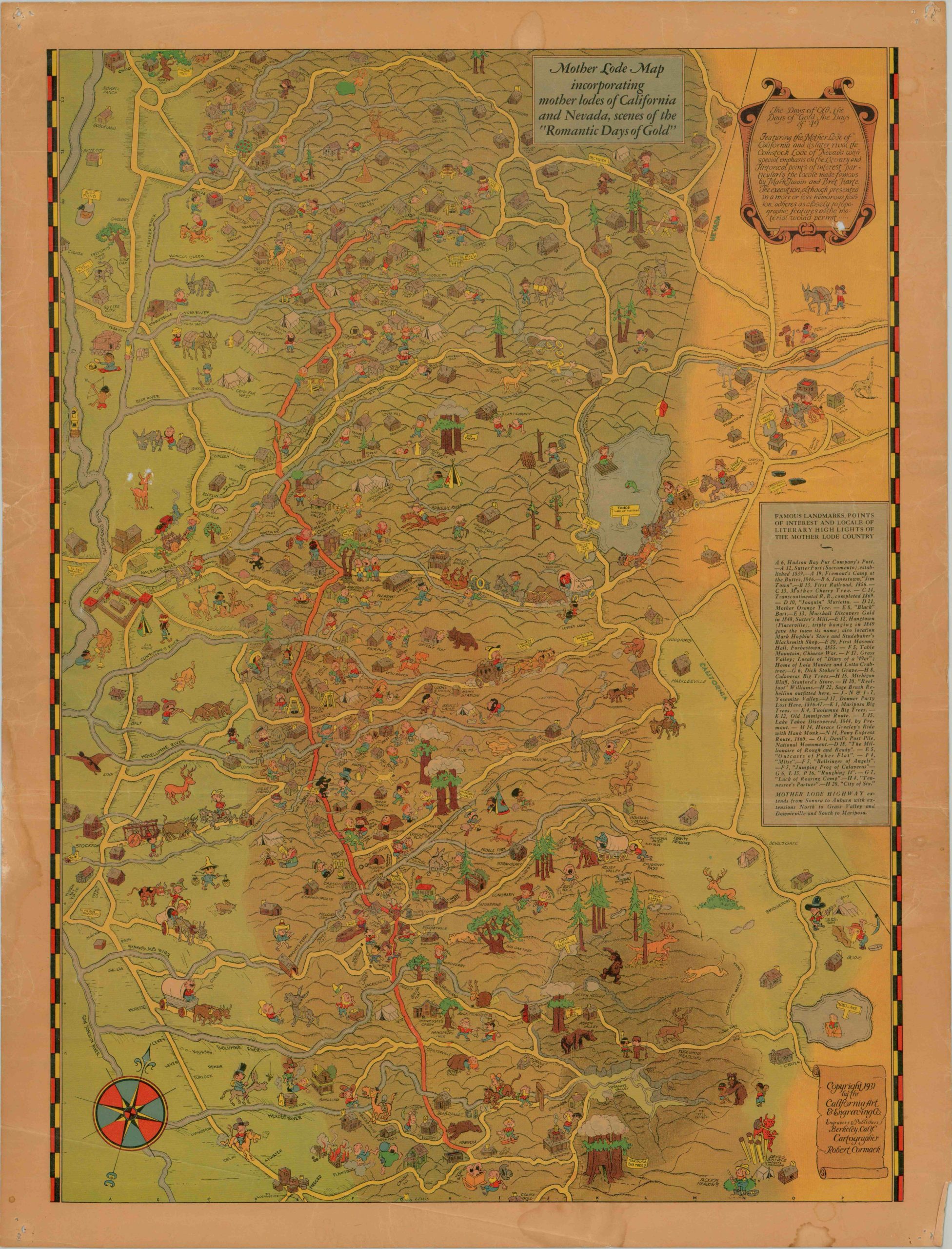 Mother Lode Map incorporating mother lodes of California and Nevada, scenes of the "Romantic Days of Old"