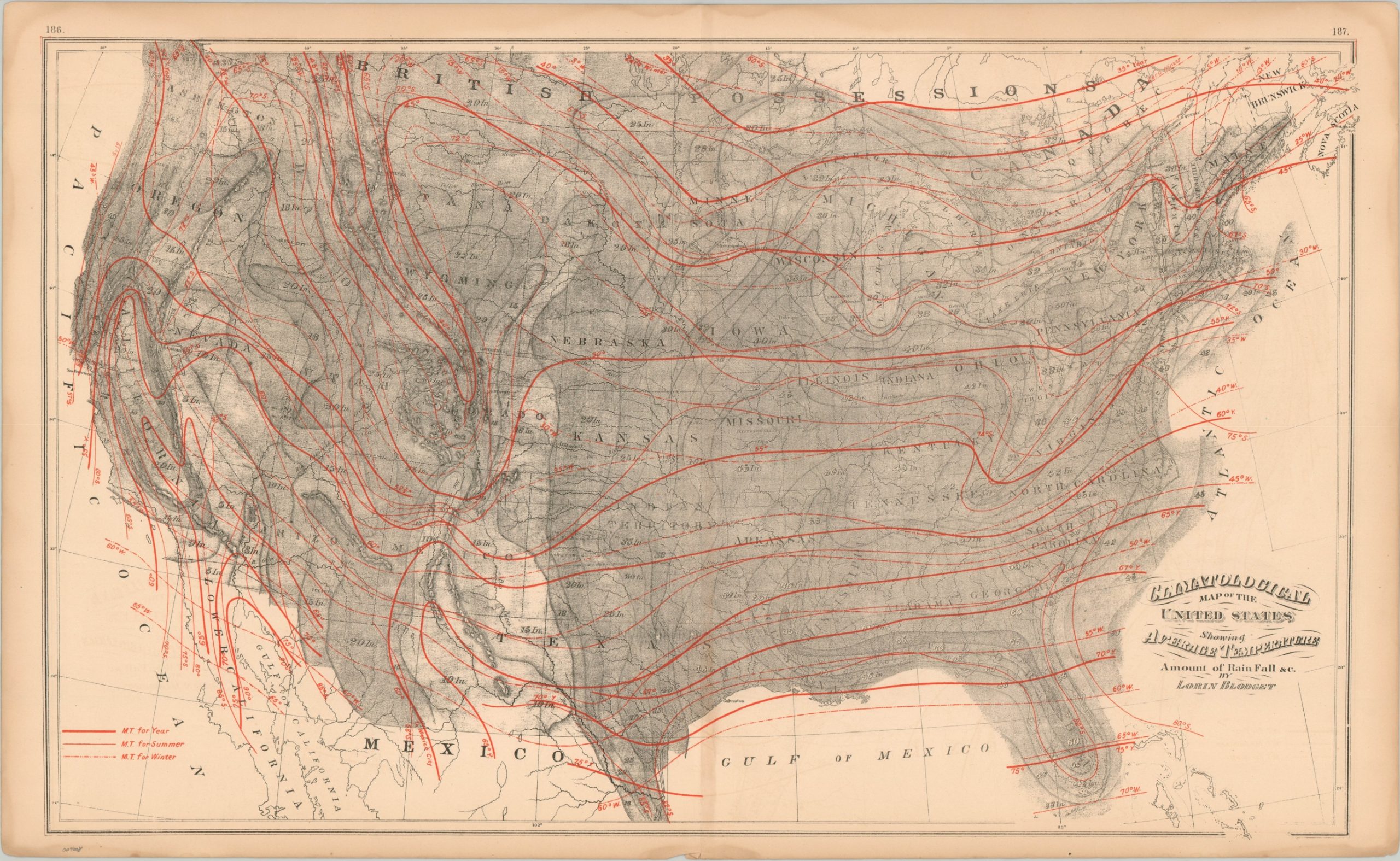 Climatological Map of the United States Showing Average Temperate Amount of Rainfall &c.