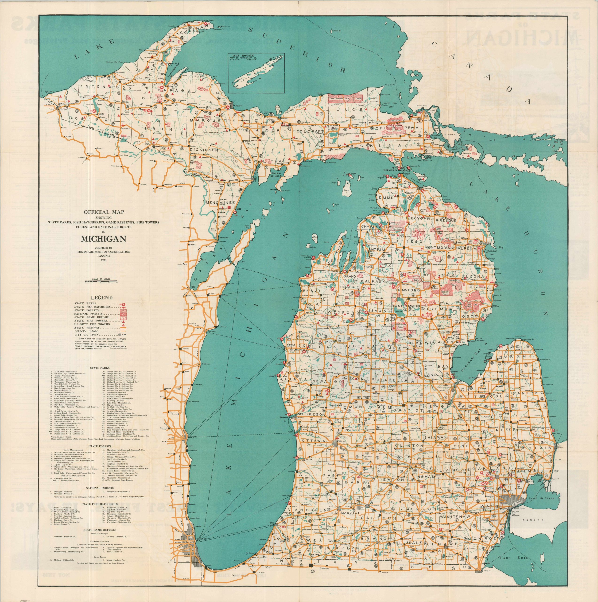 Official Map Showing State Parks, Fish Hatcheries, Game Reserves, Fire ...