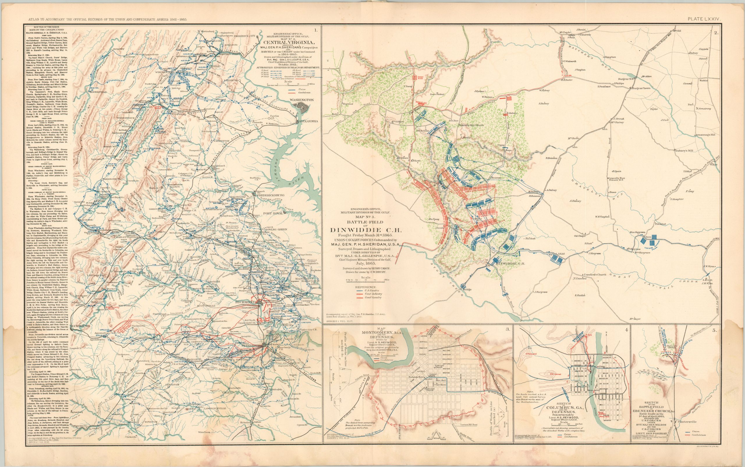 Central Virginia Showing Maj. Gen. P.H. Sheridan's Campaigns; Battle-Field of Dinwiddie C.H.; Map of Montgomery, Ala. and Defenses; Sketch of Columbus, Ga. and its Defenses;