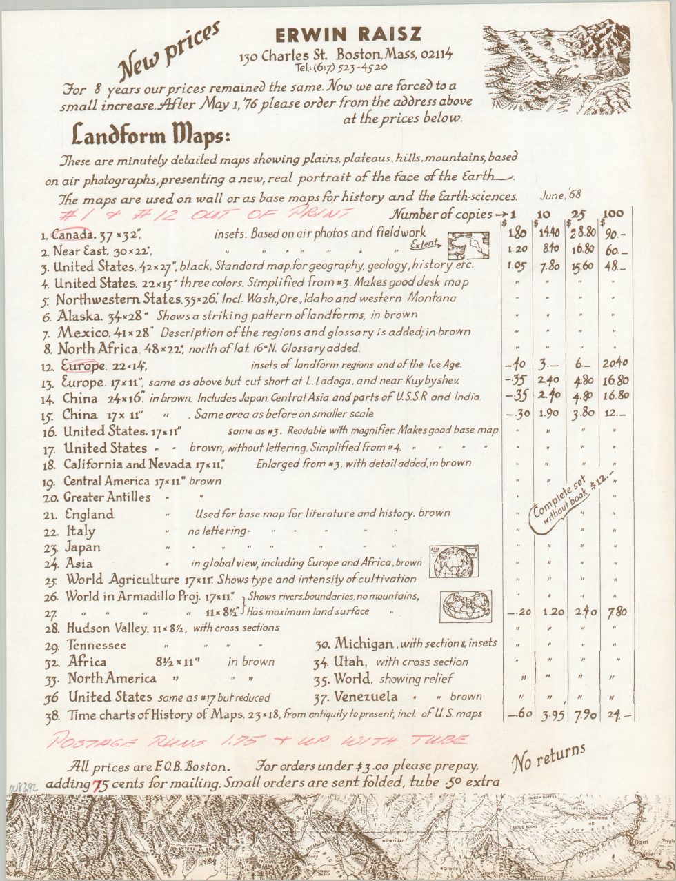 [Erwin Raisz Map Price Sheet] - Curtis Wright Maps