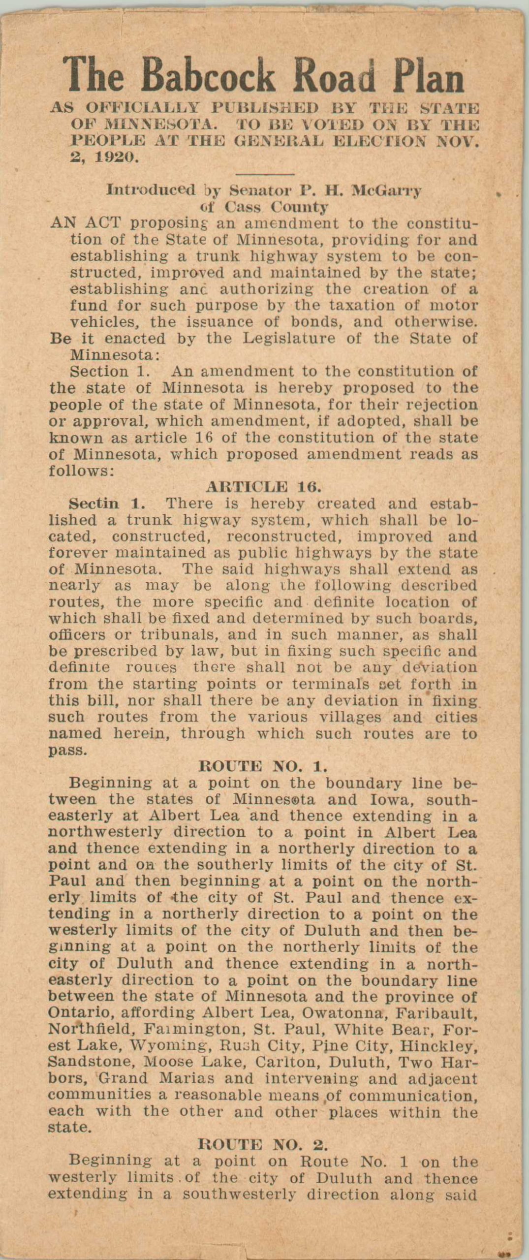 Map of Babcock Plan or a Trunk Highway System in Minnesota