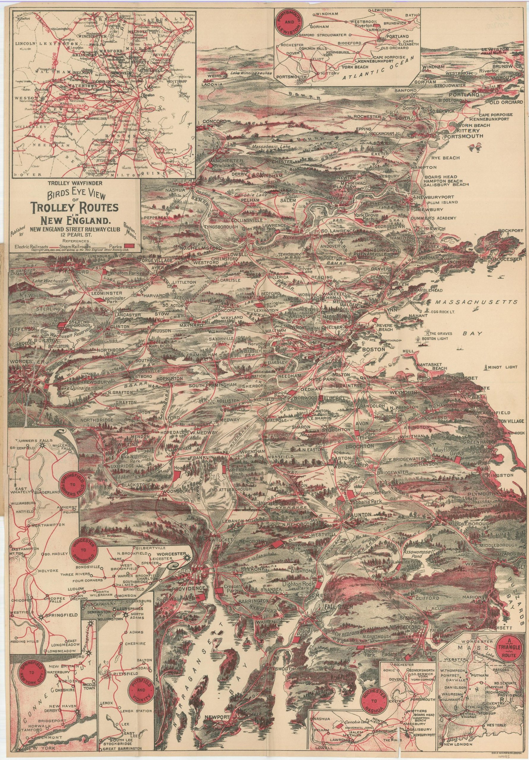 Bird's Eye View of Trolley Routes in New England